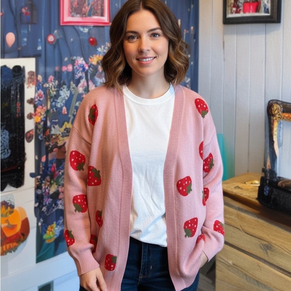 Pink Strawberry Cardigan Sweater